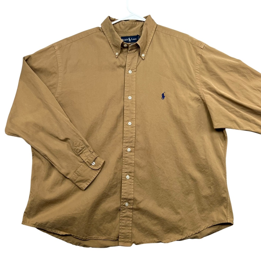 Ralph Lauren Button Down Shirt Mens XL Tan Classic Fit Long Sleeve Khaki Twill